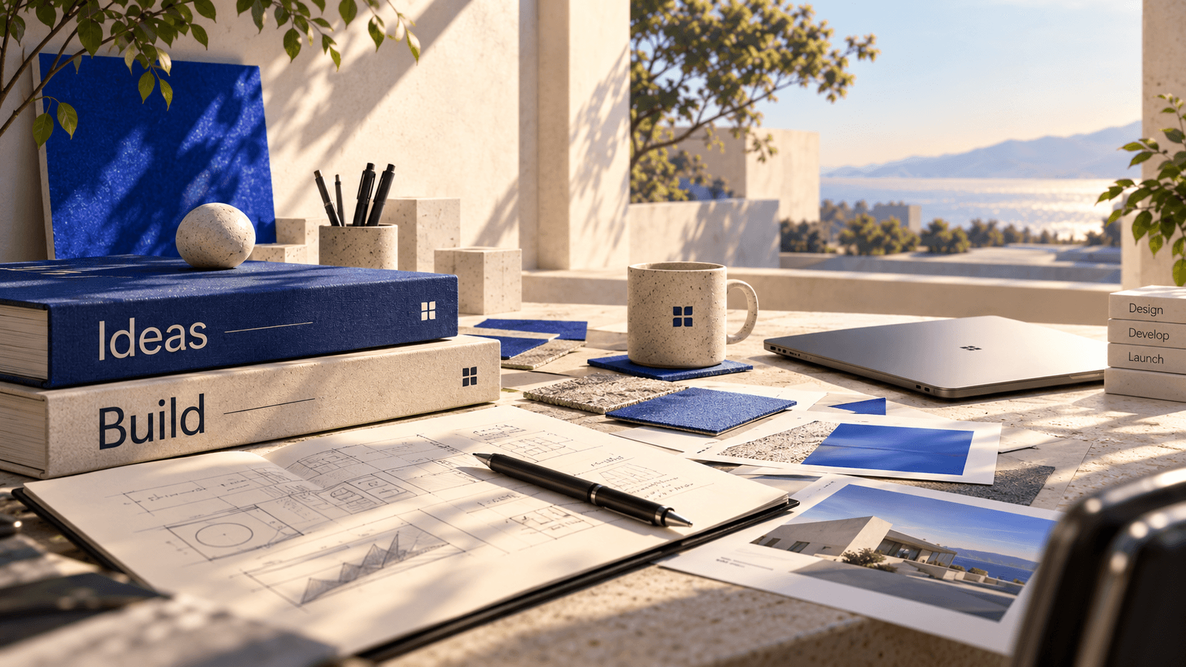 Ideas, build, and launch laid out on a desk with sketches, material samples, and a laptop.